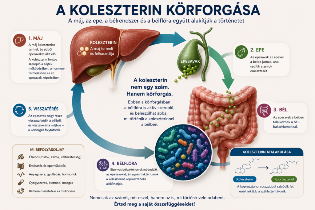 Infografika a koleszterin körforgásáról: máj, epe, bélrendszer, bélflóra és koleszterin-átalakulás.